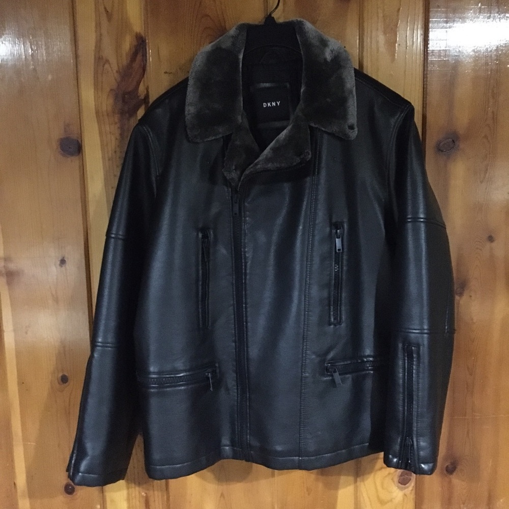 DKNY Faux Fur & Leather Coat